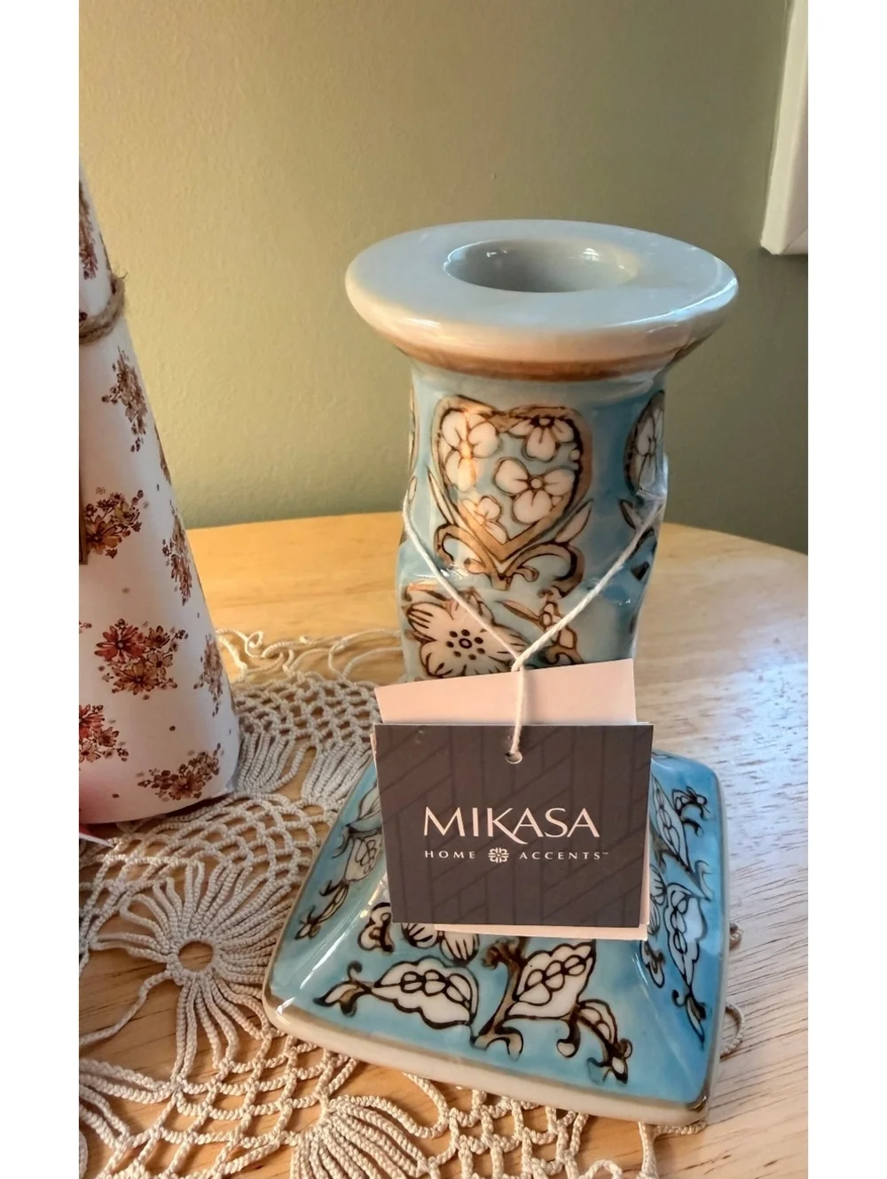 Mikasa Home Accents Blue Floral Ceramic Candle Holders with Tapered Candles